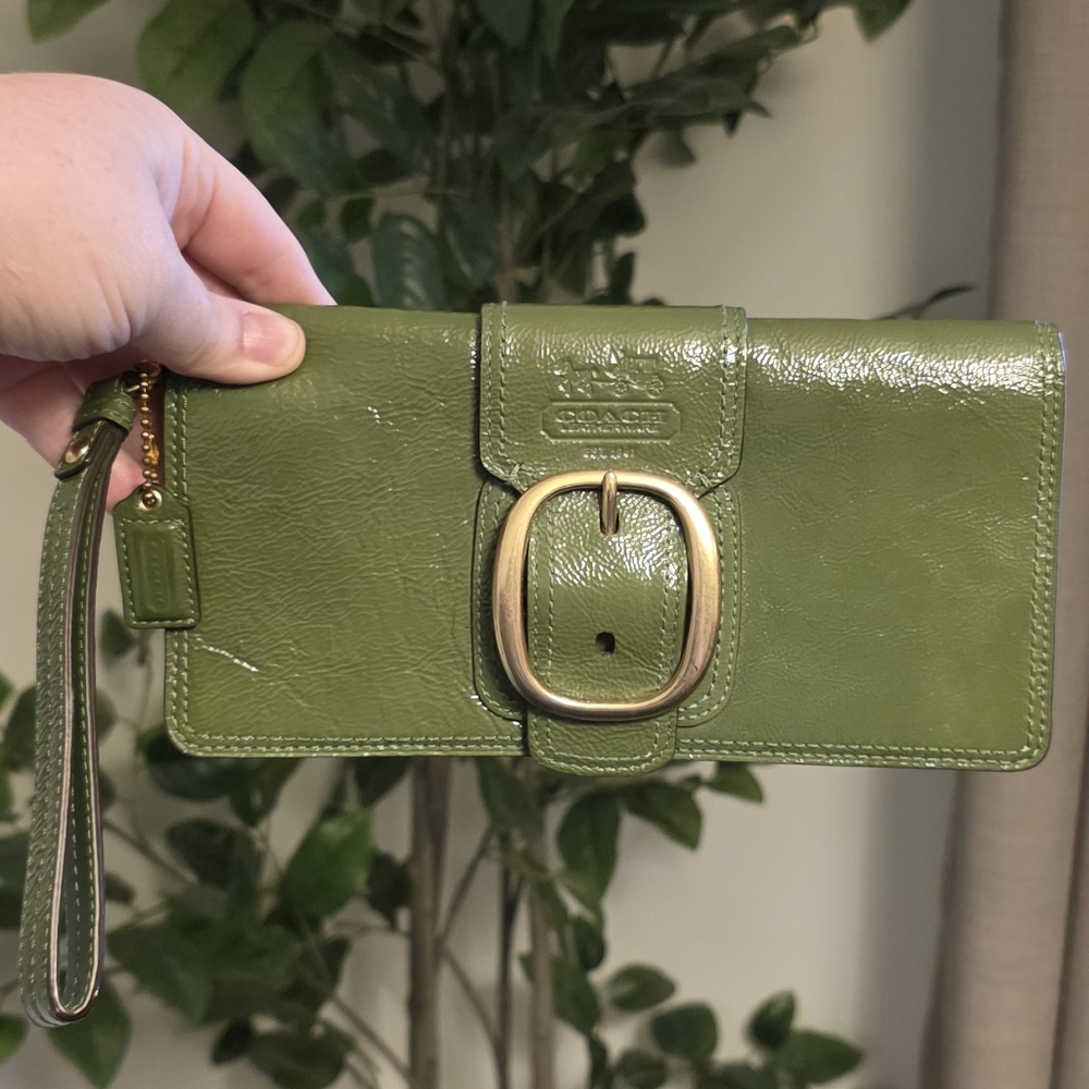 Coach Bleecker Green Patent Leather Tattersall Wristlet Wallet